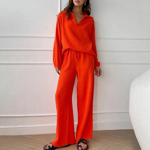 Elegant women's casual loose suit women's long-sleeved top + drawstring trousers suit autumn lapel two-piece set m301184