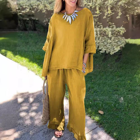 Cotton and linen suit women's solid color loose casual trousers two-piece set m303019