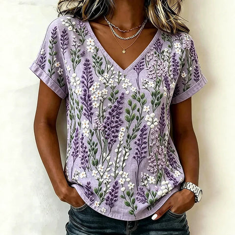 Creative floral elements 3D digital printing V-neck casual trend 3D short-sleeved women's T-shirt m303015