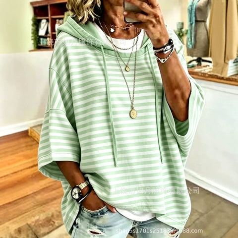 3D printed women's striped hooded loose casual sweater m303000