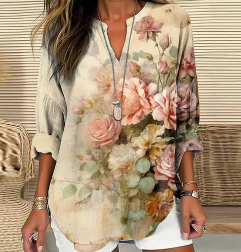 Loose 3D Printed V-Neck Shirt Long Sleeve T-Shirt m301360