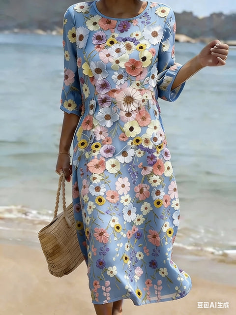 Women's medium and long sleeves side bag crew neck dress seaside vacation loose dress m302606