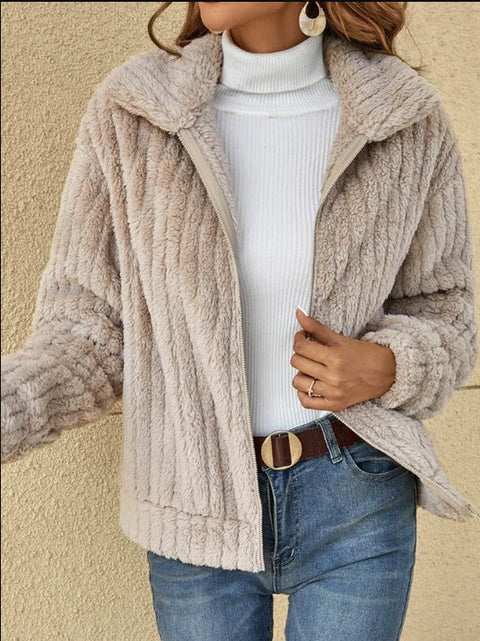 Pit strip plush cardigan lapel short jacket m300357