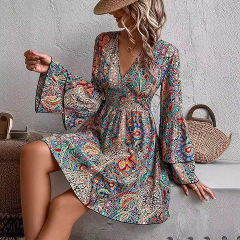 Elegant Women's Floral Print V-Neck Flared Sleeve Dress m300719