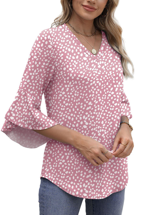 Solid color knitted printed V-neck ruffle edge seven-quarter sleeve loose top m301522