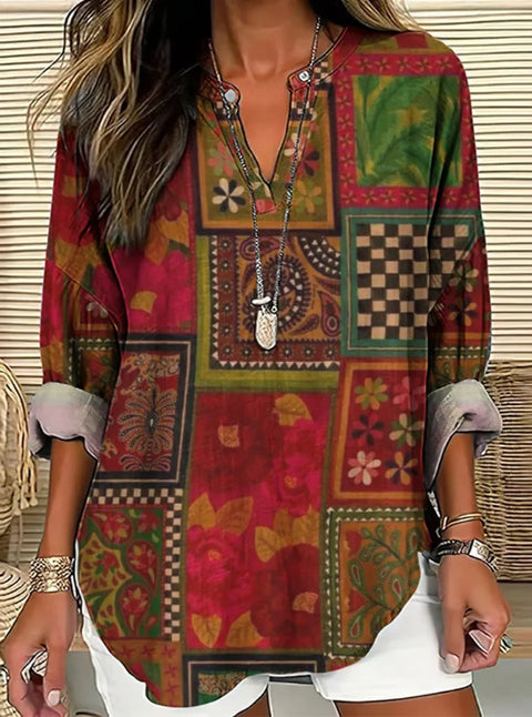 Loose 3D Printed V-Neck Shirt Long Sleeve T-Shirt m301360