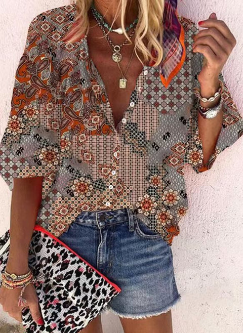 Fashion summer European and American women's clothing stand-up collar loose button retro printed casual shirt m301723