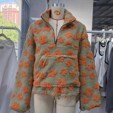 New fashion imitation lamb wool print loose zipper sweater long sleeve top m302113