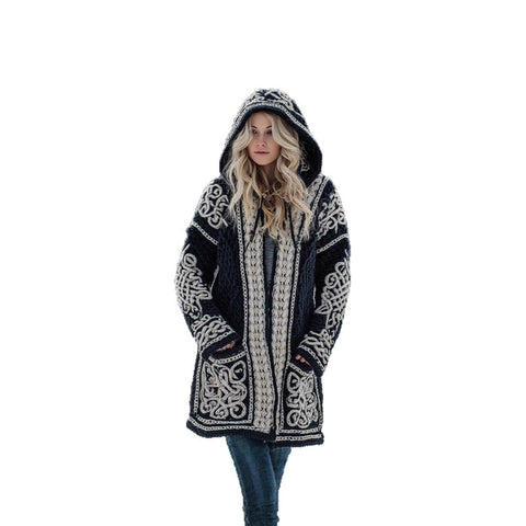 Cardigan long imitation knitted lazy wind hooded long cardigan sweater autumn and winter women's clothing m302125