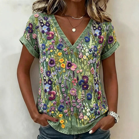 Creative floral elements 3D digital printing V-neck women's T-shirt m303028