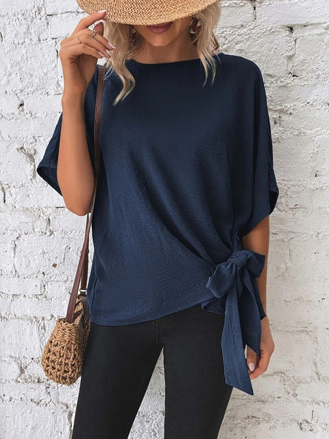 Solid color bat wing sleeve hem knotted loose top m301016