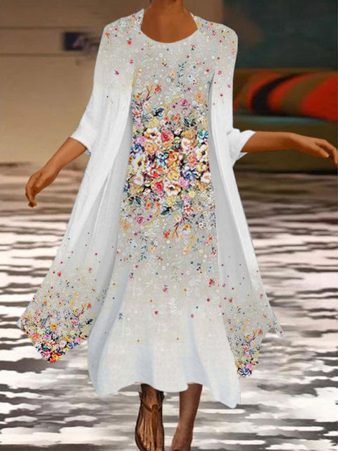 New women's long dress two-piece set flower and grass print crew neck dress m301251