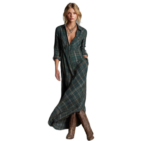 Temperament elegant long-sleeved plaid shirt skirt fashion plaid shirt collar dress m302504