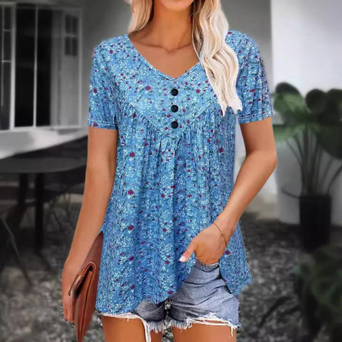 Floral v-neck short-sleeved casual button top m301454