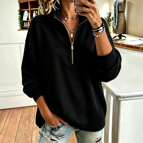 Waffle sweater lazy style half turtleneck half zipper loose long sleeve top FF303324