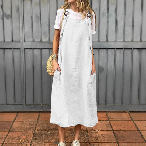 Women's fashion adjustable shoulder strap casual cotton and linen dress m302048