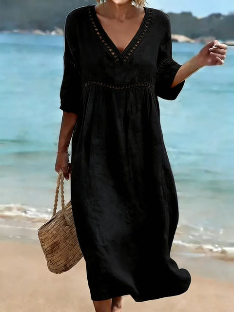 New elegant casual V-neck solid color medium-sleeved women's dress m303026