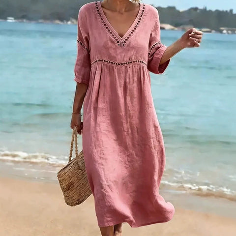 New elegant casual V-neck solid color medium-sleeved women's dress m303026