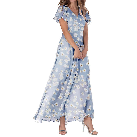 Big pendulum long dress V-neck short-sleeved printed chiffon dress m301544