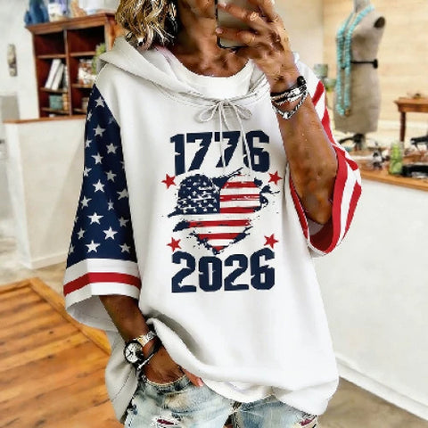 Independence Day 250th Anniversary Printed Loose Hooded T-Shirt m302995