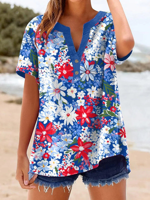 Printed V-neck pullover short-sleeved T-shirt m303021