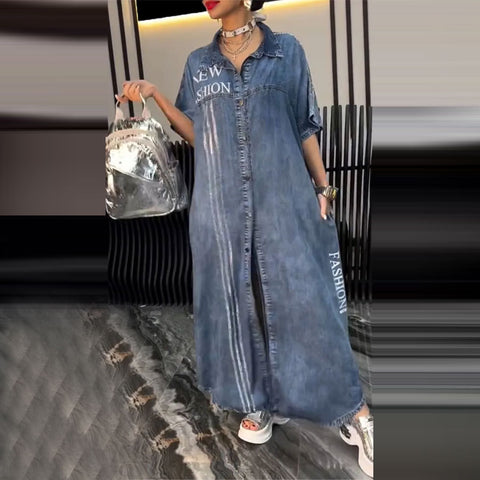 Women's casual dress letter print lapel cardigan long dress m302307