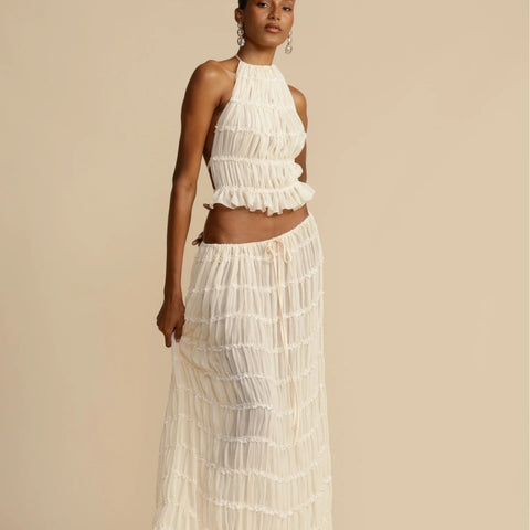 backless neck sling drawstring chiffon pleated long skirt two-piece set m301879