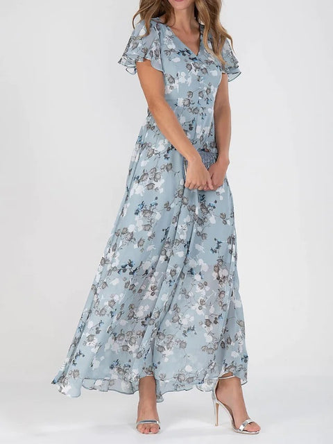 Beach pendulum long dress chiffon floral short-sleeved ruffle V-neck fashion waist dress m301342