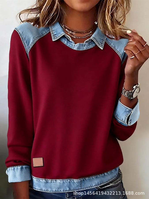 Denim collar long sleeves, pullover spliced knitted sweater top m302161