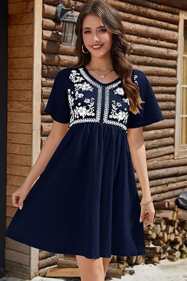 Casual loose V-neck print waist short-sleeved women's dress m302347