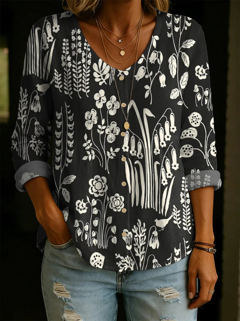 Crew Neck Women's Floral 3D Printed Women's Henley Shirt m302611