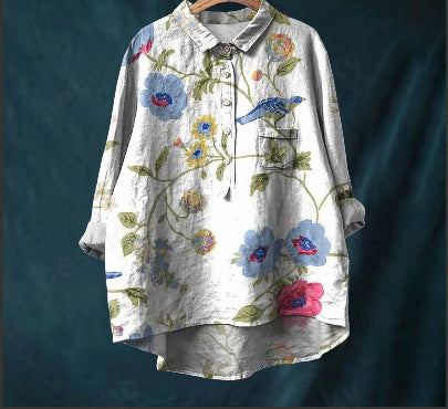 Long Sleeve Bamboo Linen Printing Fashion Versatile Lapel Shirt m301040