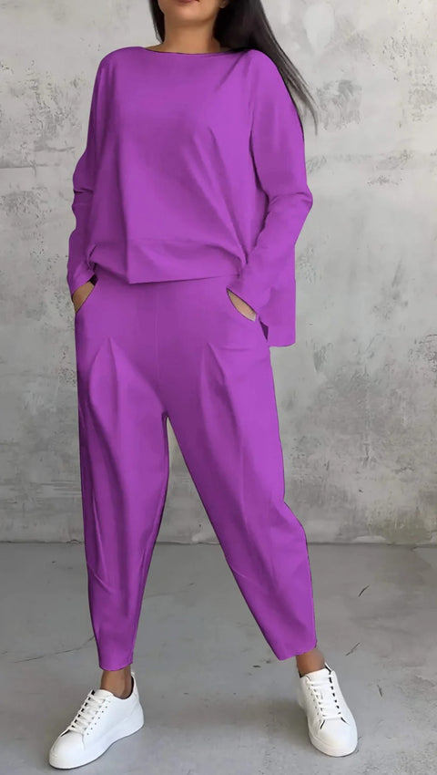 Women's solid color round neck long-sleeved suit women's pocket pants trousers m301510