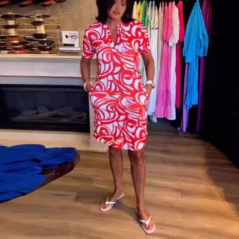 Short sleeve printed V-neck fashion dress m301312