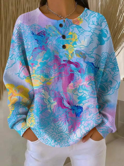 3D digital printing loose casual waffle stand-up collar long sleeve m303065