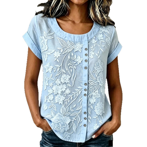 Ethnic style flower embroidered top large size loose cotton and linen texture short-sleeved temperament casual shirt m302765