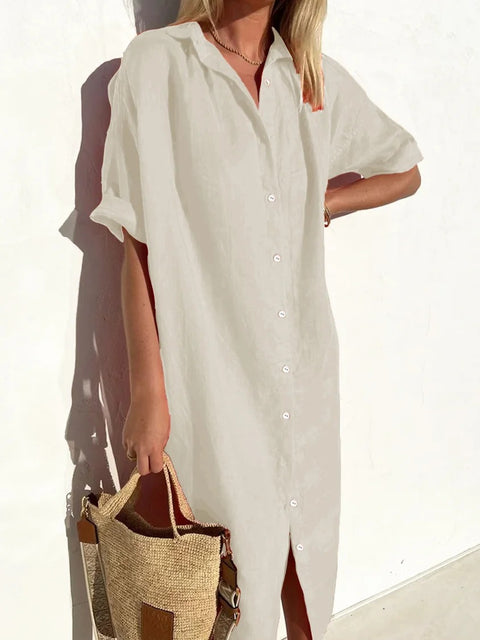 Elegant Casual Loose Short Sleeve Button Cotton and Linen Long Pocket Shirt Dress m301256