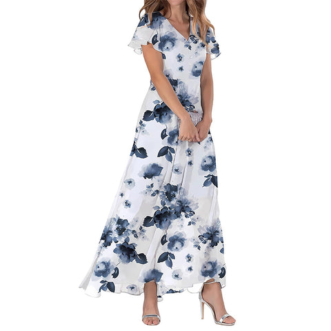 Big pendulum long dress V-neck short-sleeved printed chiffon dress m301544