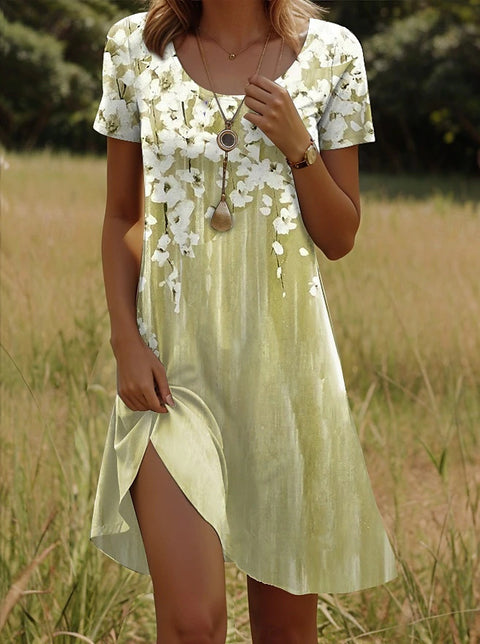 Versatile polka dot flower short-sleeved round neck medium and long skirt m302614