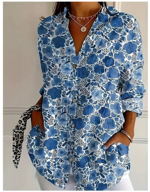 3D digital printing abstract pattern women's long-sleeved buckle linen shirt m301277