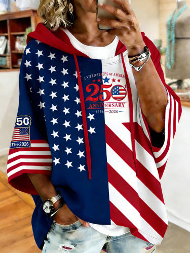 Independence Day 250th Anniversary Printed Loose Hooded T-Shirt m302995