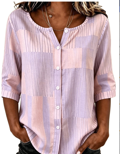 Cotton and linen shirt round neck seven-quarter sleeve single-breasted casual top m303032
