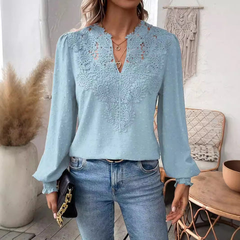 V-neck lace stitching long-sleeved casual shirt blouse m301373