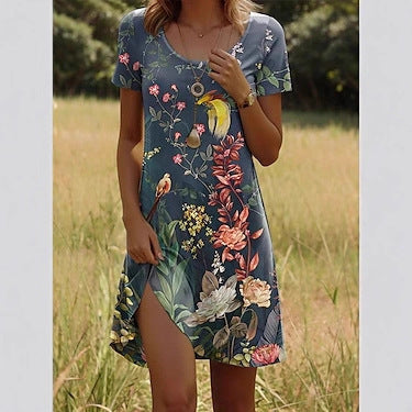 Versatile polka dot flower short-sleeved round neck medium and long skirt m302614