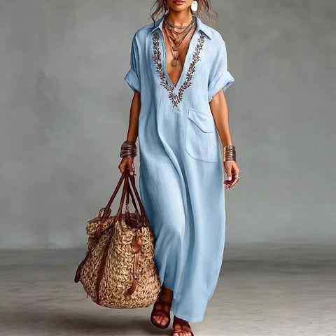 Loose ladies embroidery pocket casual lapel cotton and linen jumpsuit m302716