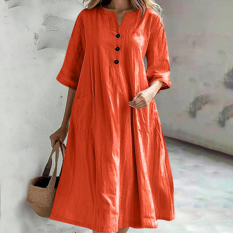 Dress Ladies medium and long V-neck half-sleeve cotton and linen loose version three-button pocket dress m302672