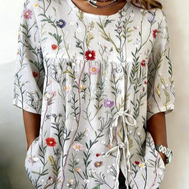 Temperament women's long-sleeved shirt printed top lace-up shirt m302925
