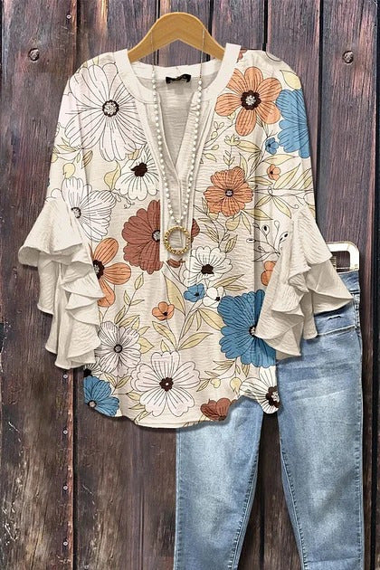 Digital printing casual trend V-neck lotus edge T-shirt women's m302725-2