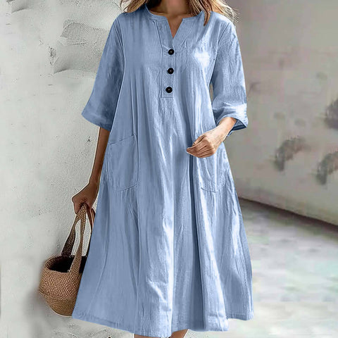 Dress Ladies medium and long V-neck half-sleeve cotton and linen loose version three-button pocket dress m302672