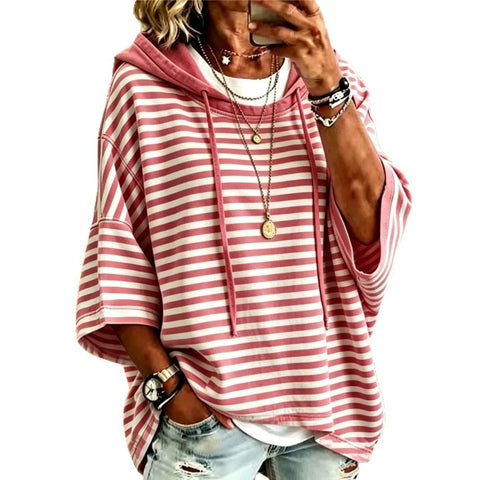 Women's new loose casual striped hooded seven-quarter-sleeved sweater pullover hoodie m302998